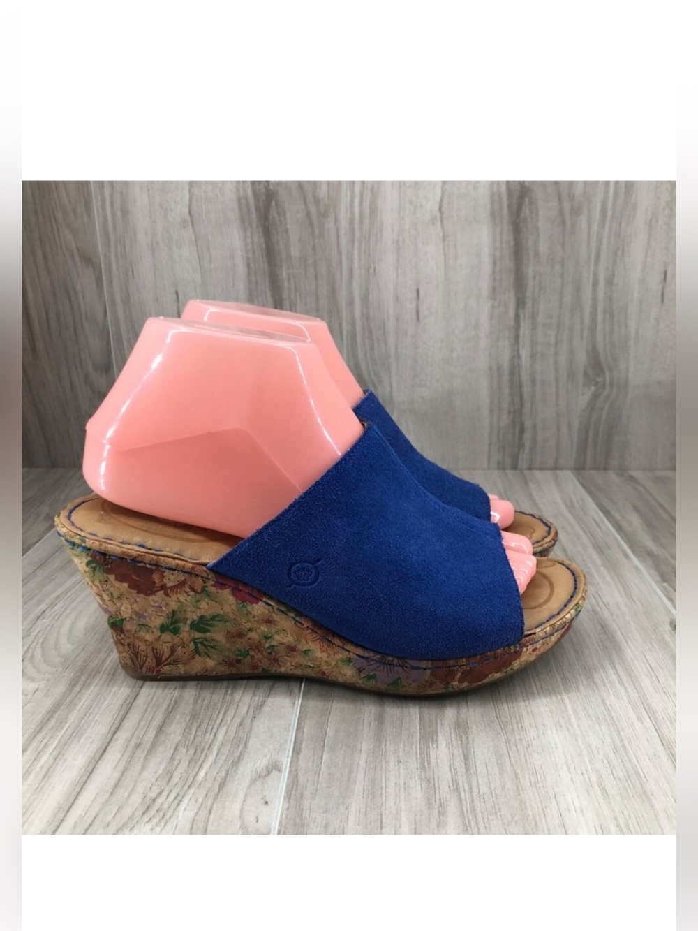 Born Wedge Sandals Womens 8M Blue Suede Slip On Floral Cork Shoes